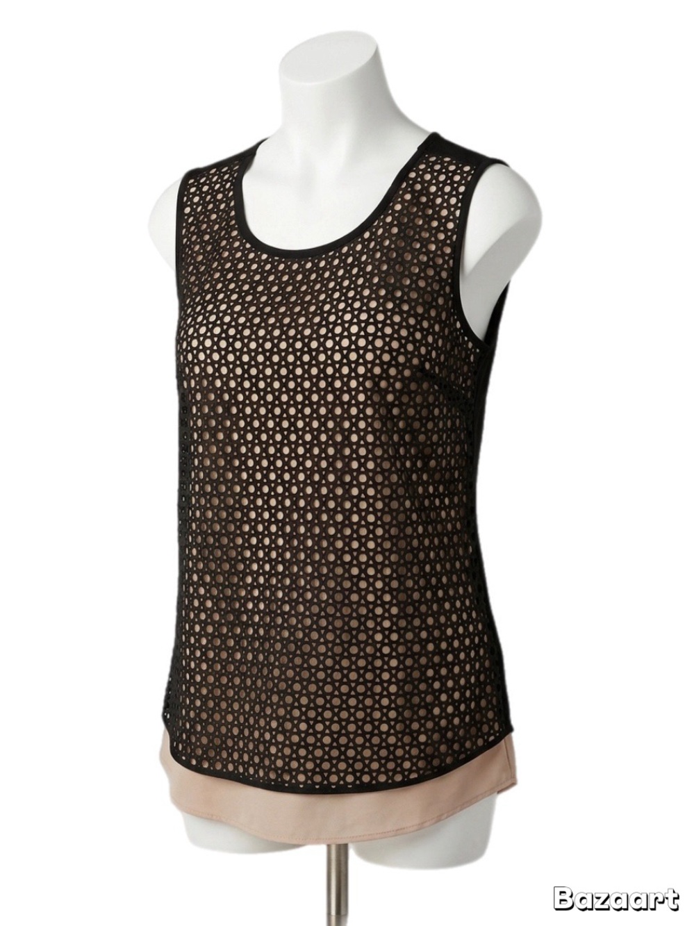 Roz & Ali Black Laser-Cut Overlay Tank with Beige Hem